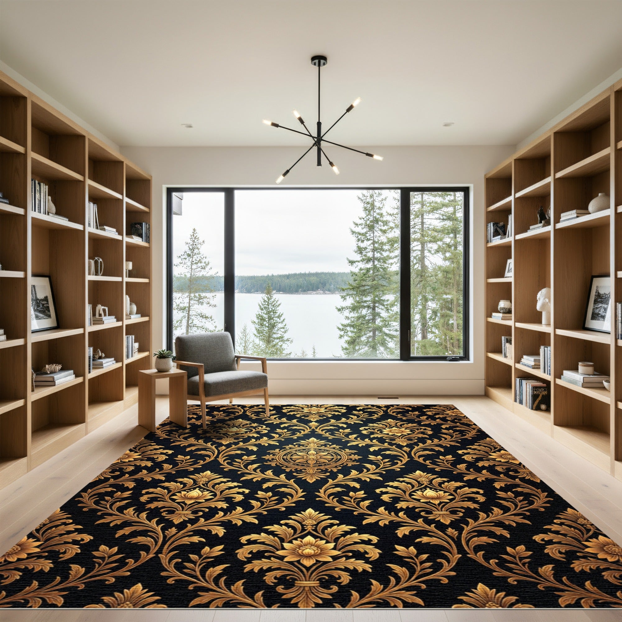 Ornate Golden Floral Damask Noir Rug