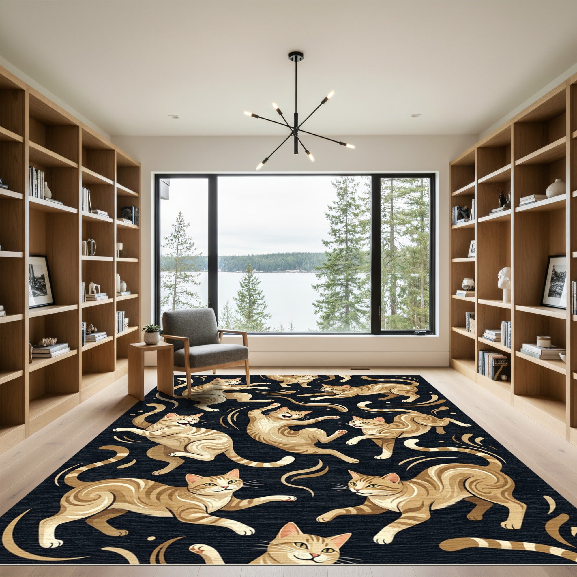 Playful Golden Tabby Cat Silhouette Rug