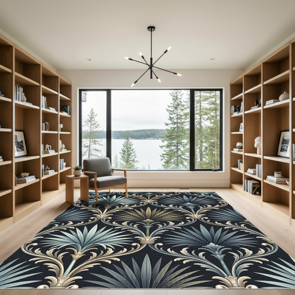 Damask Teal Palm Leaf Scroll Rug