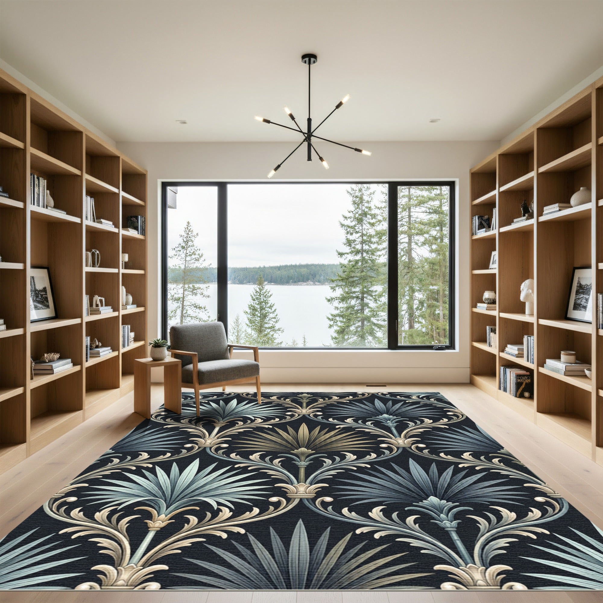 Damask Teal Palm Leaf Scroll Rug