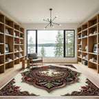 Ornate Crimson Gazelle Medallion Border Rug