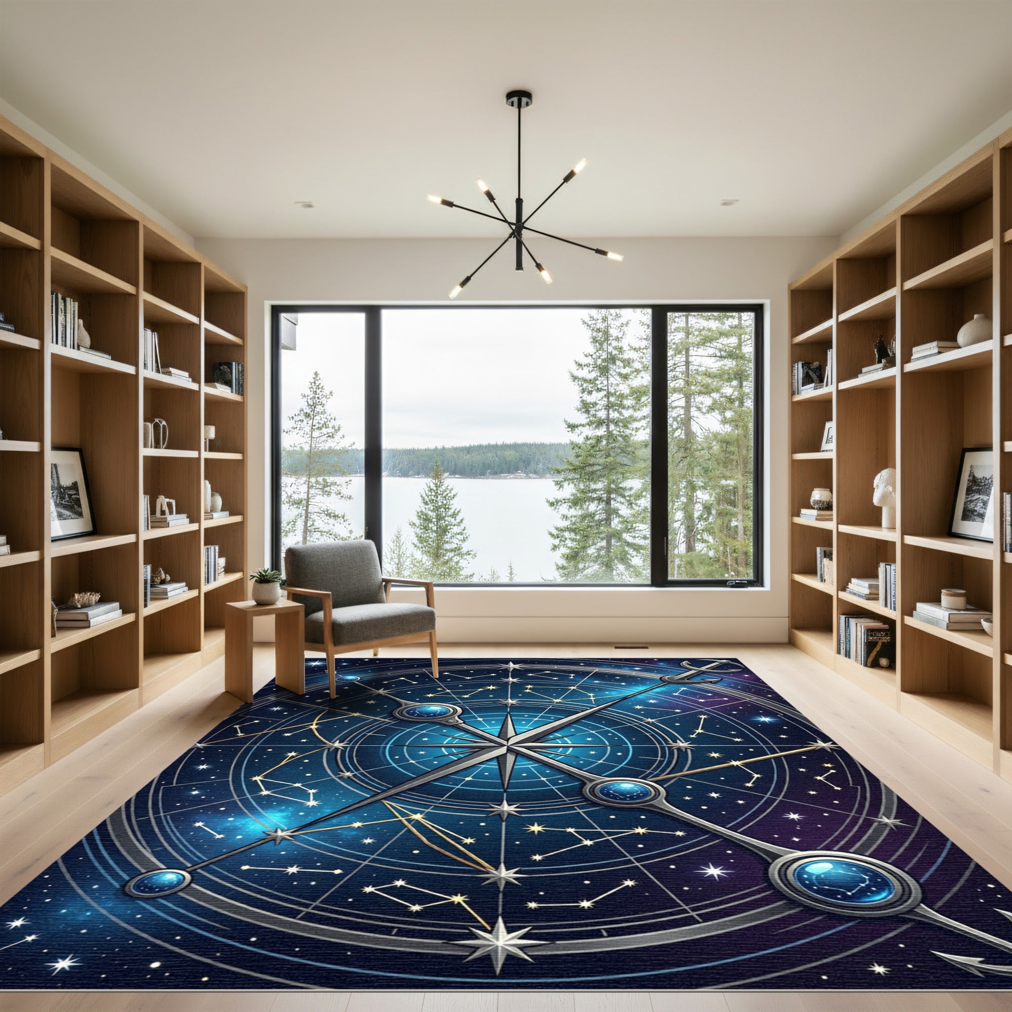 Celestial Navy Blue Starry Compass Rug