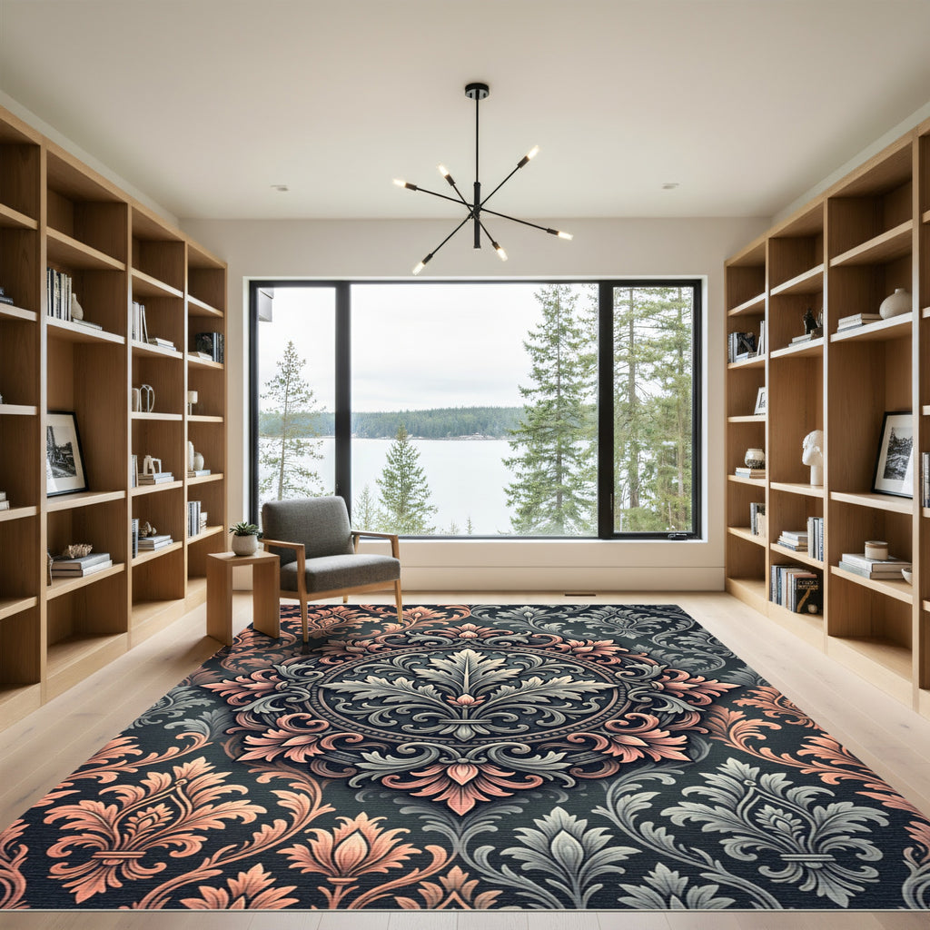 Ornate Floral Damask Coral Gray Rug