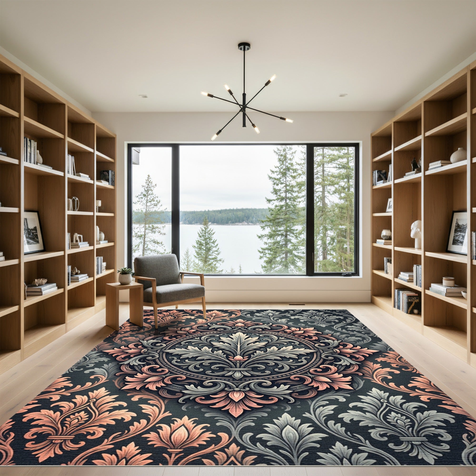 Ornate Floral Damask Coral Gray Rug