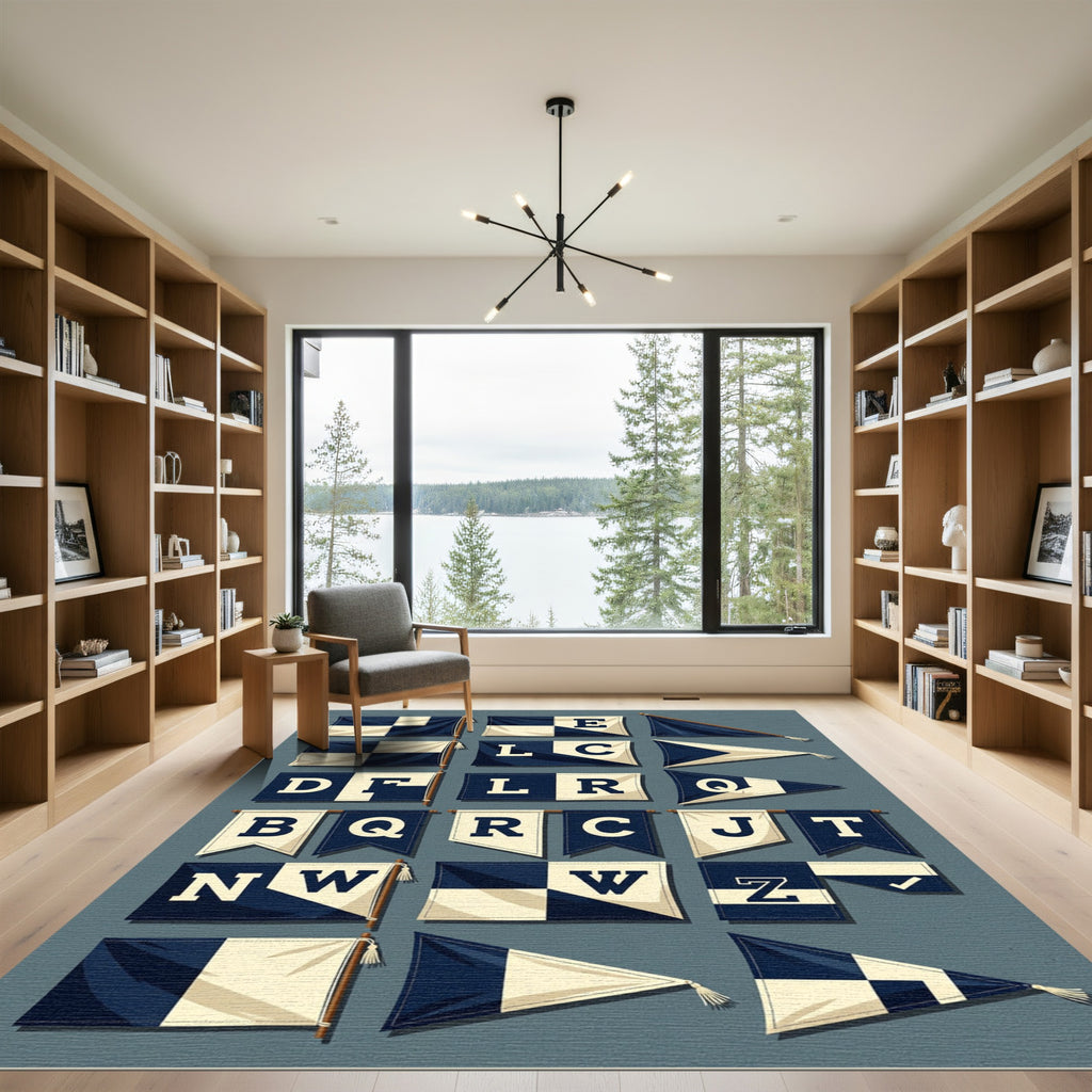 Navy White Checkerboard Alphabet Flags Rug