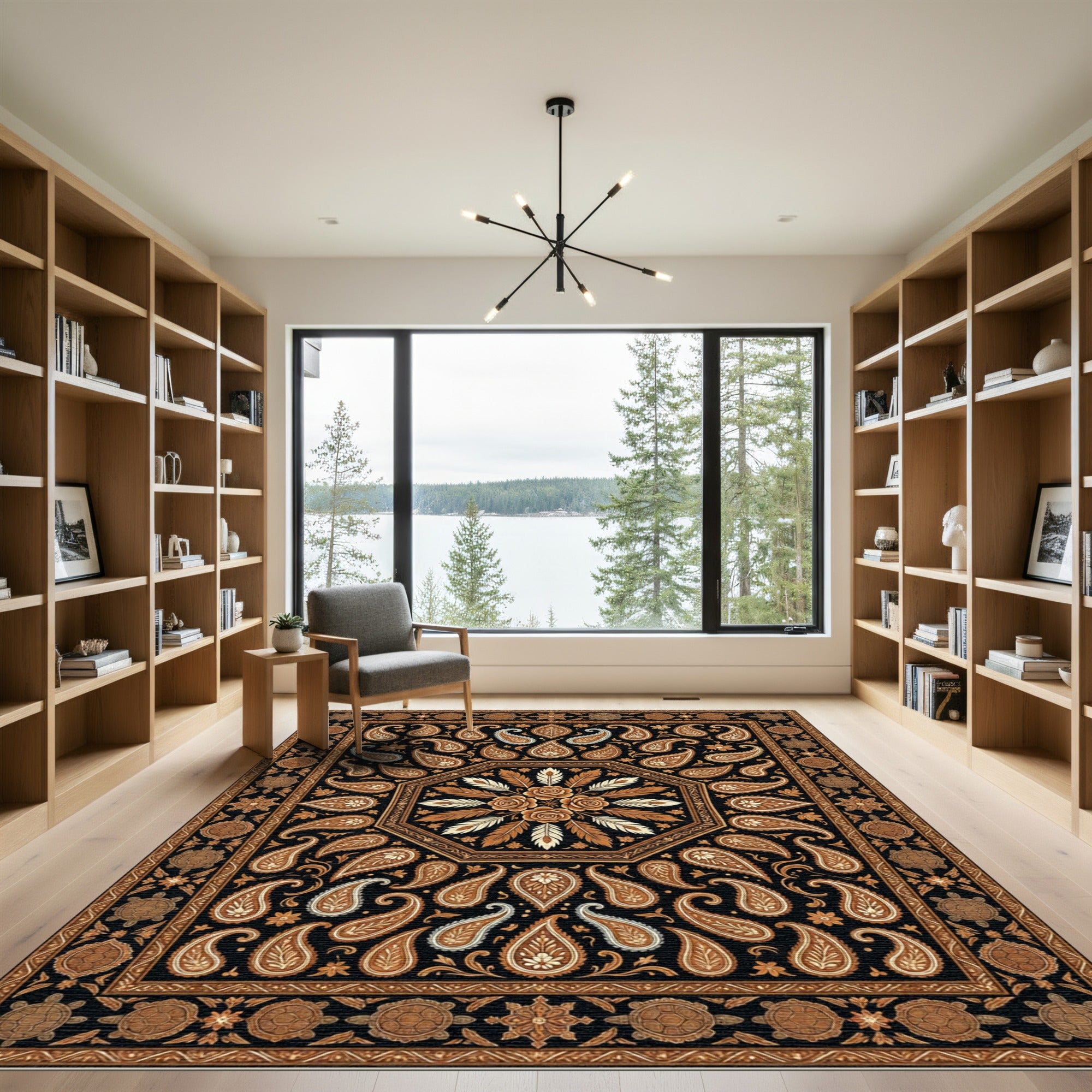 Black Paisley Floral Octagon Tortoise Border Rug