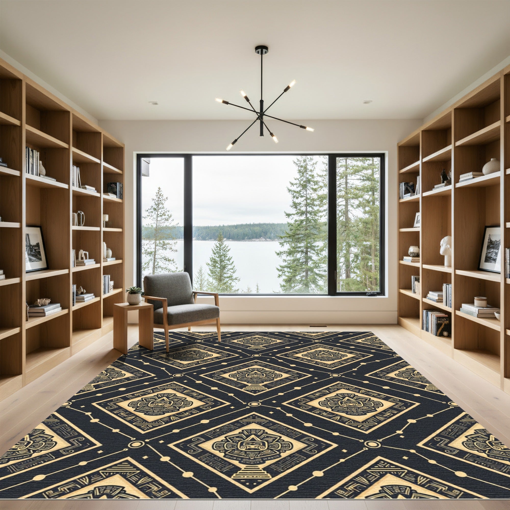 Aztec Gold Black Geometric Sun Diamond Rug