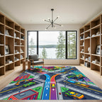 Vibrant Isometric City Construction Play Area Rug