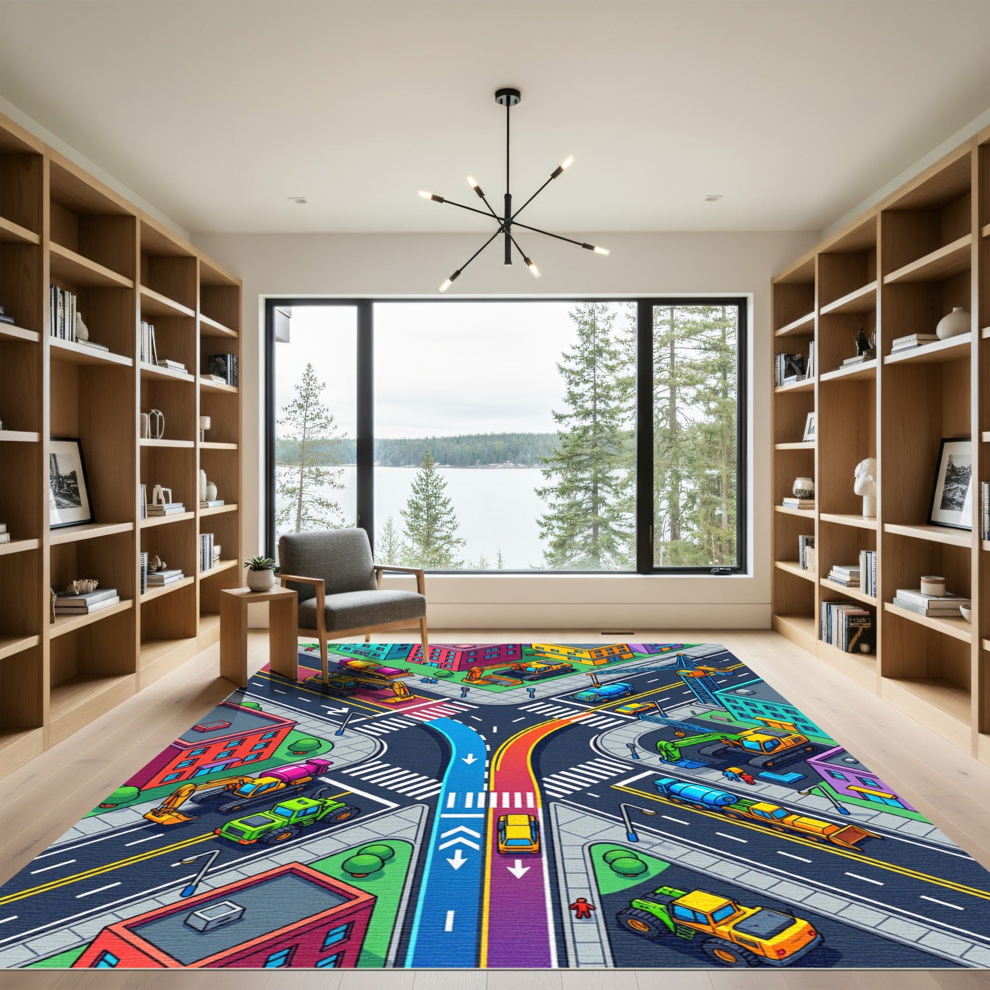 Vibrant Isometric City Construction Play Area Rug