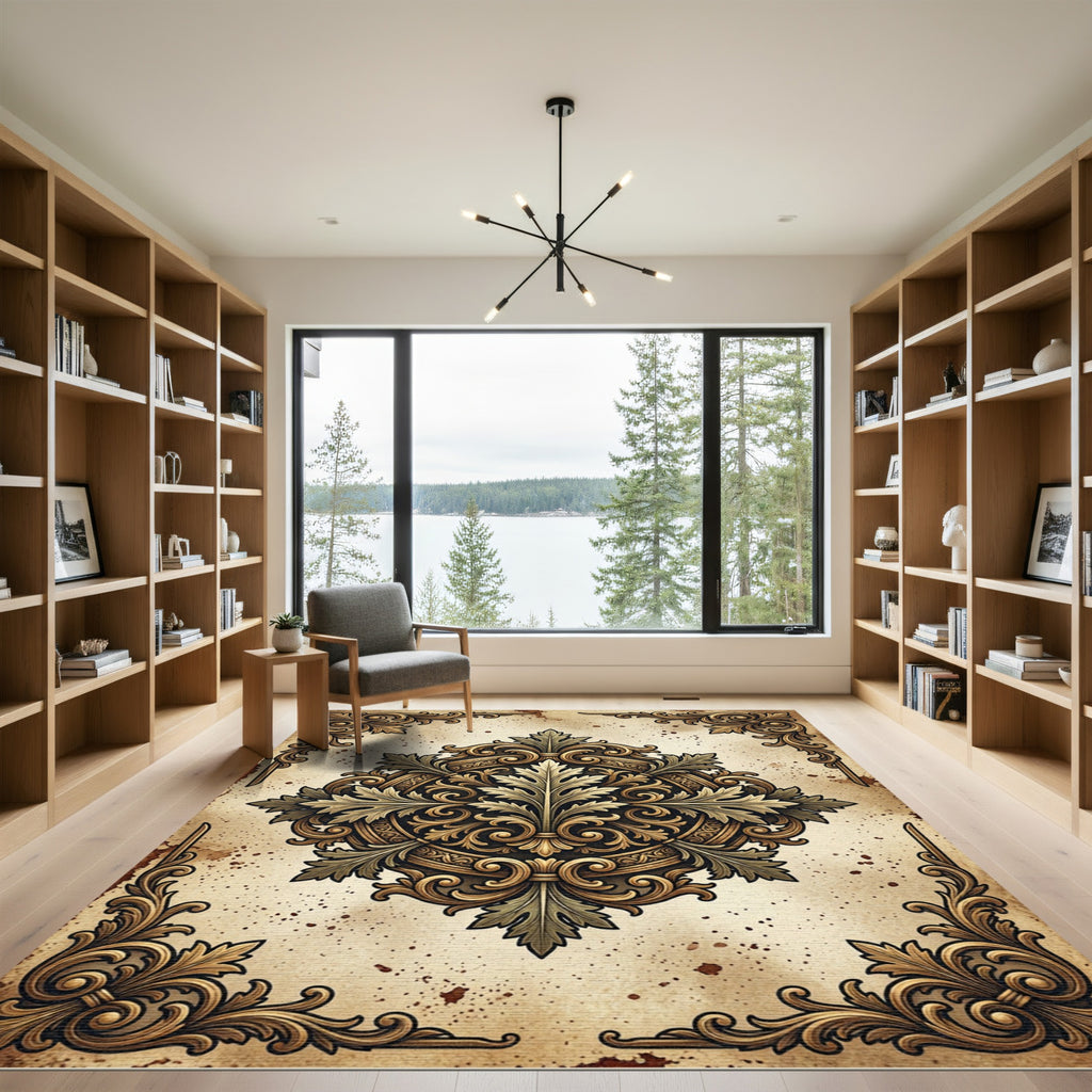 Ornate Golden Acanthus Leaf Medallion Rug