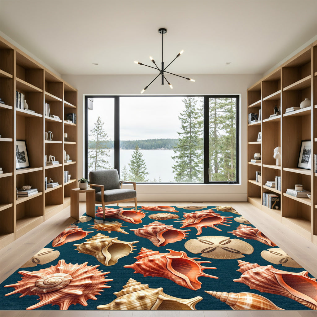 Teal Coastal Seashell Ocean Life Rug