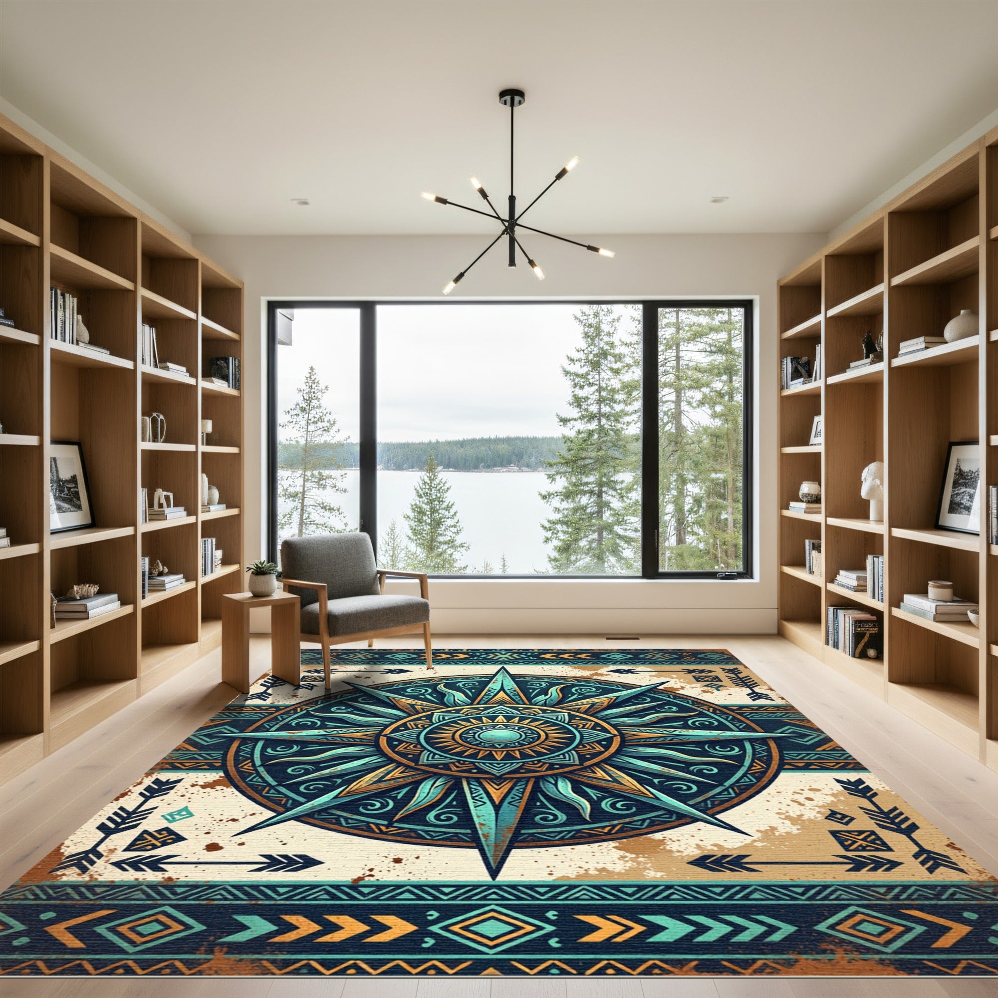 Teal and Gold Celestial Compass Art Rug