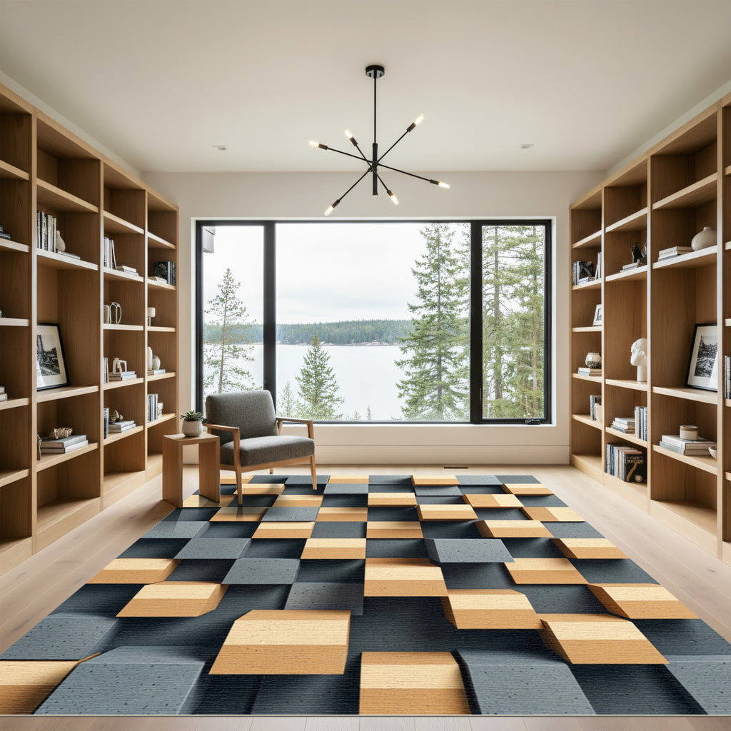 Modern Gray Ochre Block Composition Rug