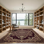 Ornate Deep Burgundy Gold Filigree Medallion Rug