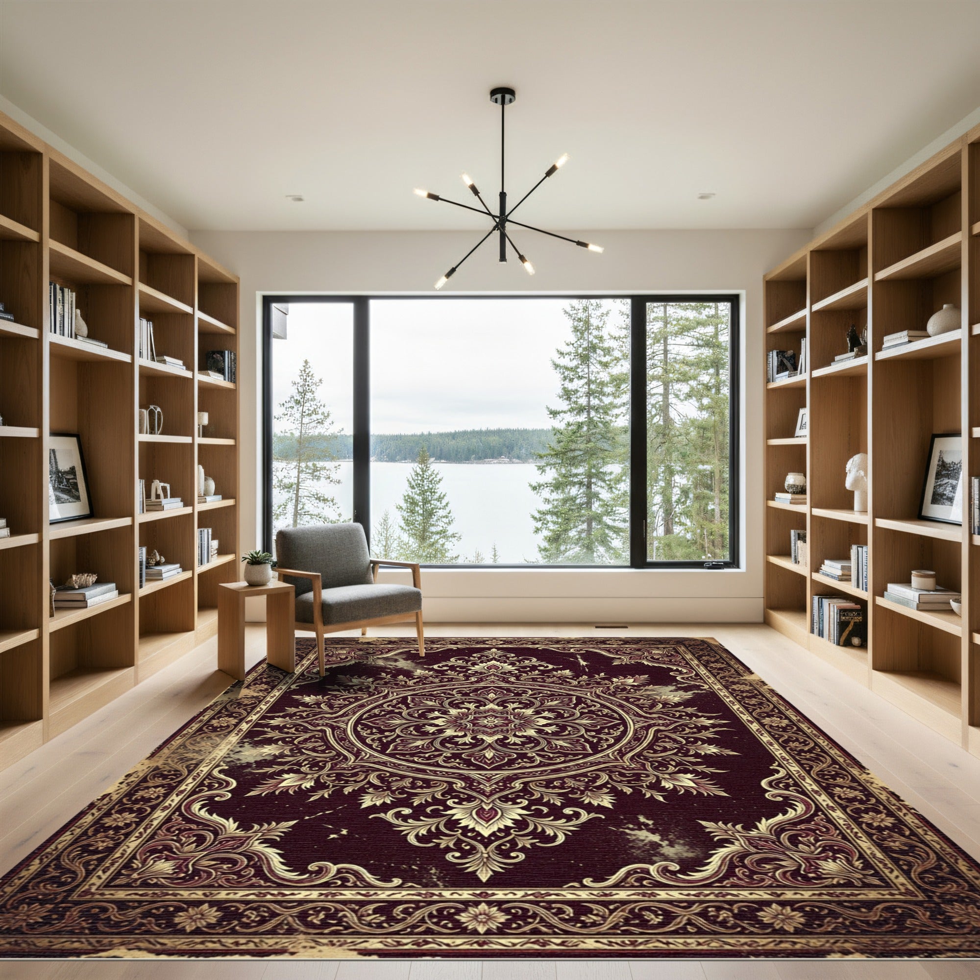 Ornate Deep Burgundy Gold Filigree Medallion Rug