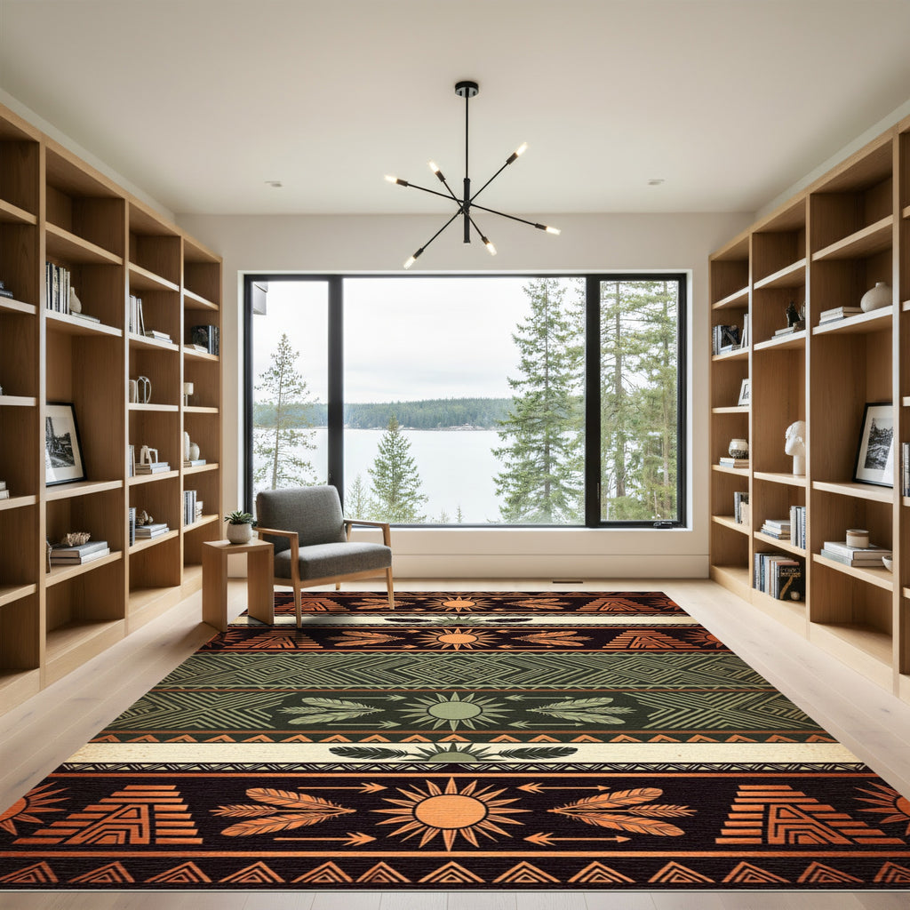 Earthy Copper Sun Aztec Striped Tapestry Rug