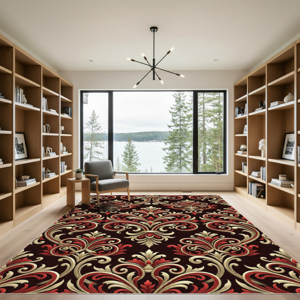 Red Gold Baroque Scroll Rug
