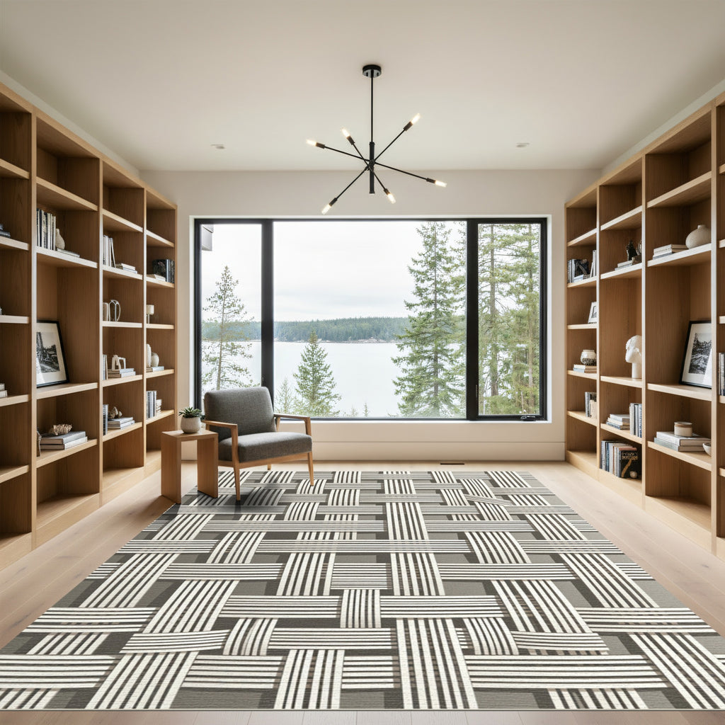 Modern Monochrome Woven Grid Rug