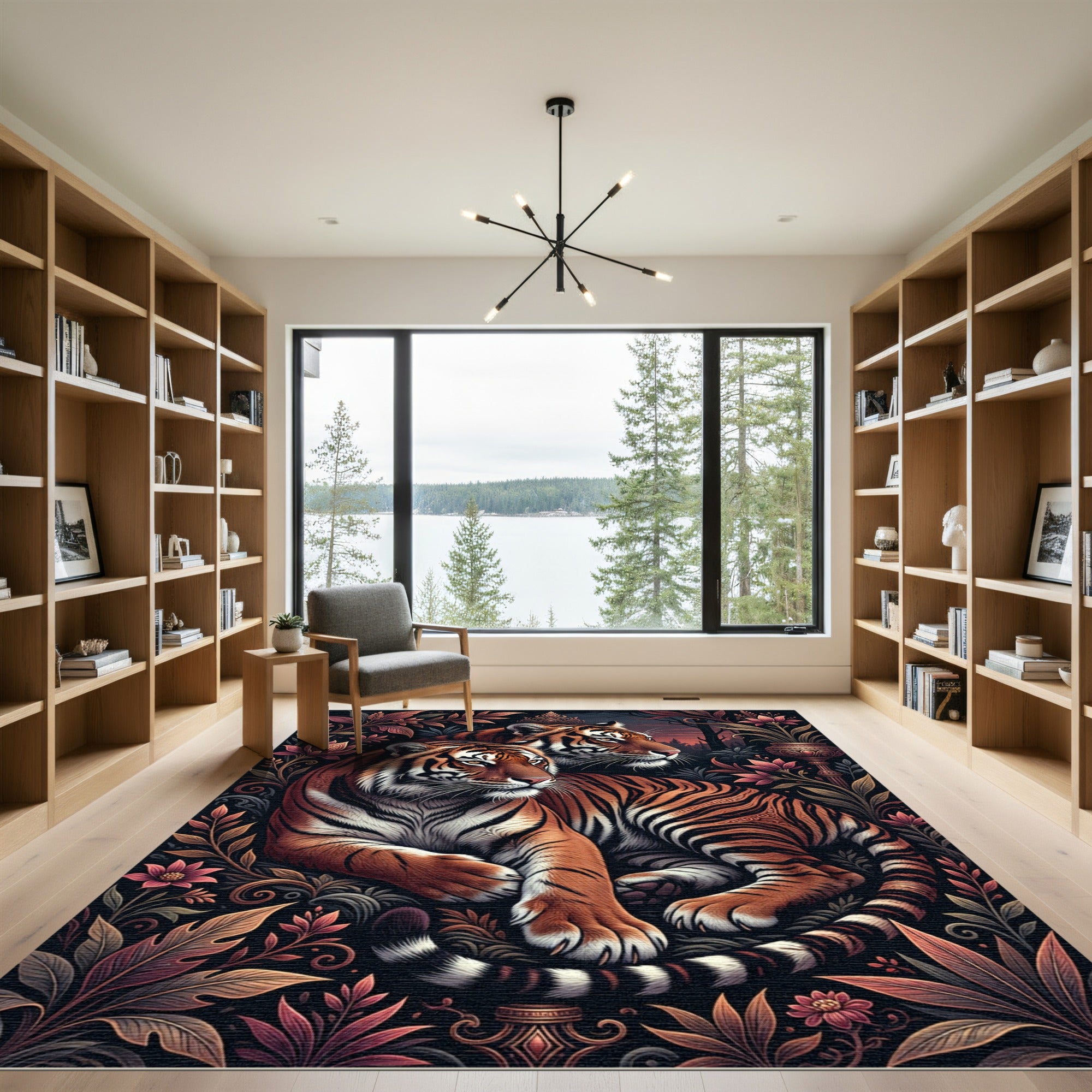 Majestic Tigers Amidst Floral Jungle Rug