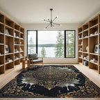 Elegant Gold Ornate Mandala Black Rug