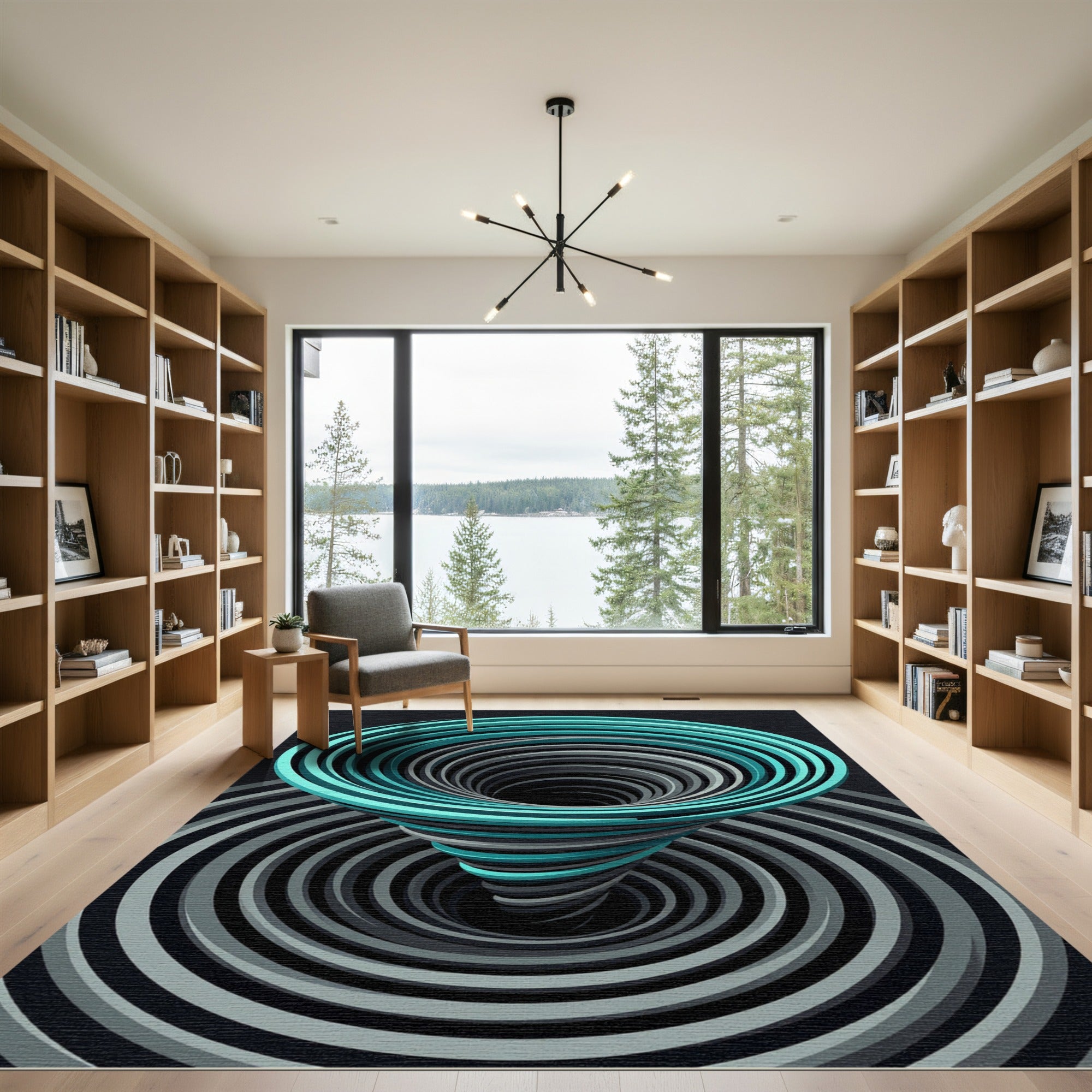 Modern Teal and Gray Swirling Vortex Rug