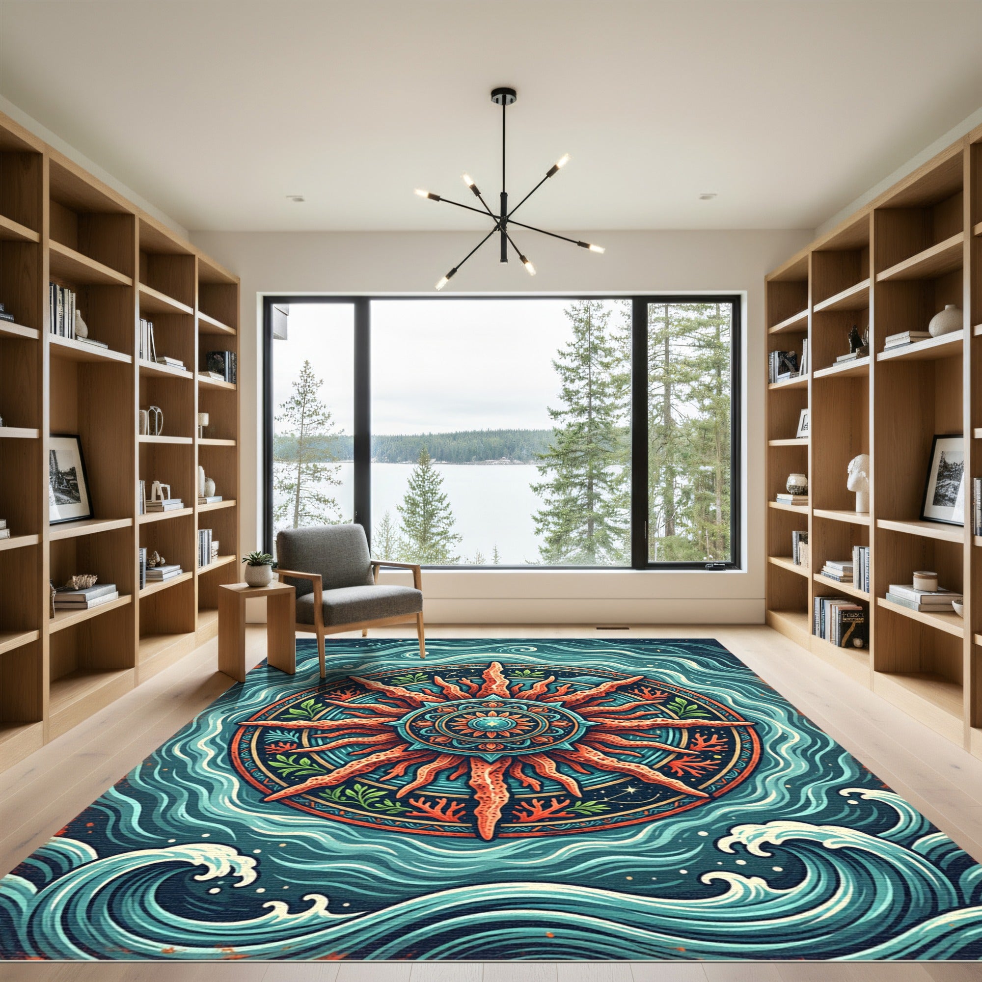 Radiant Coral Sun Nautical Ocean Medallion Rug
