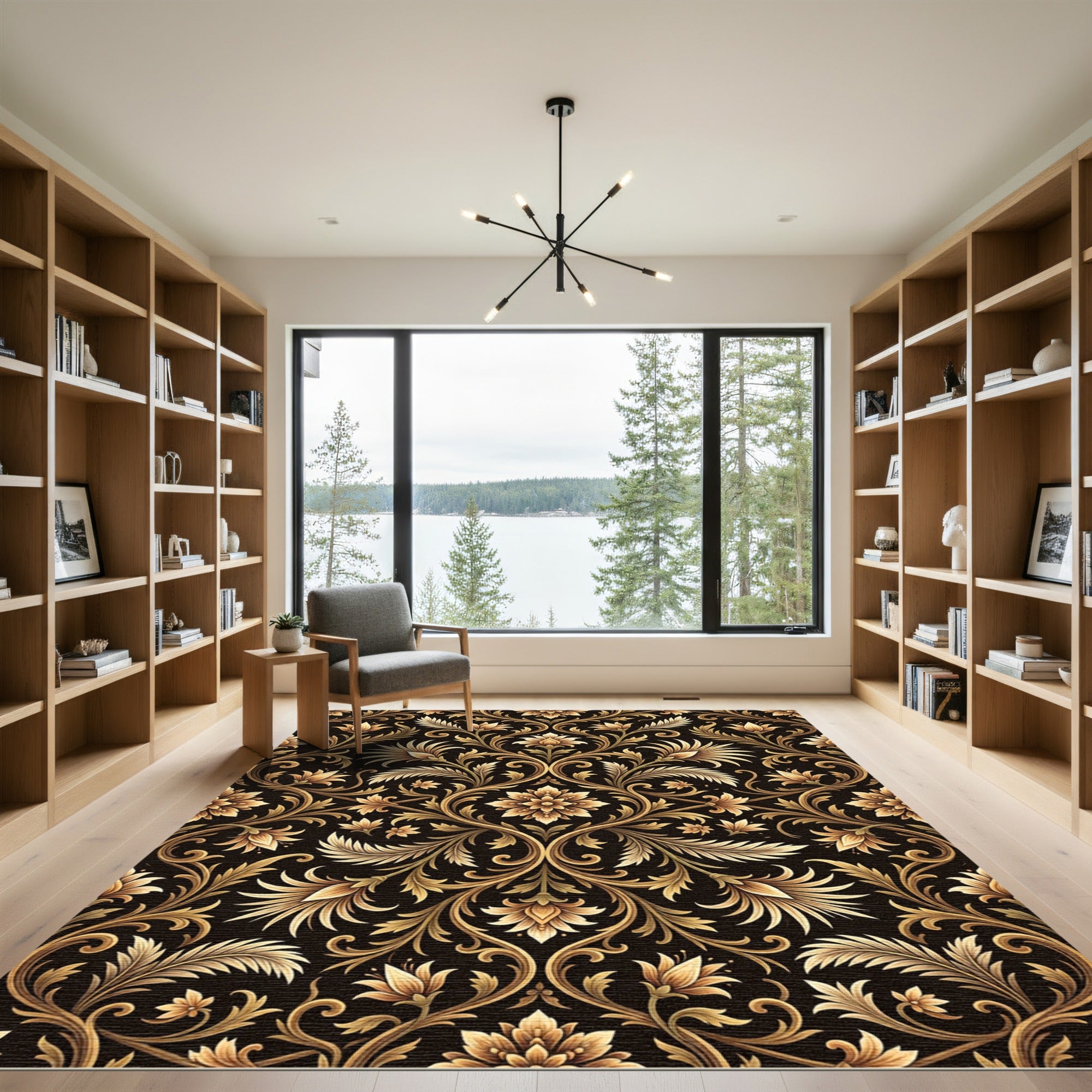 Ornate Golden Floral Damask Rug