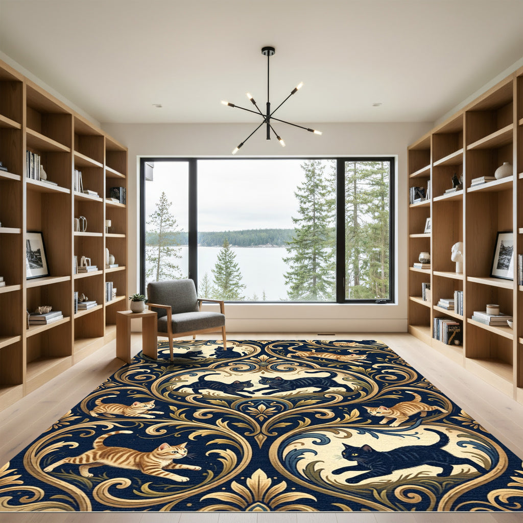 Elegant Navy Damask Cat Medallion Rug