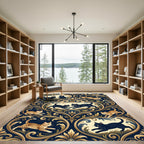Elegant Navy Damask Cat Medallion Rug