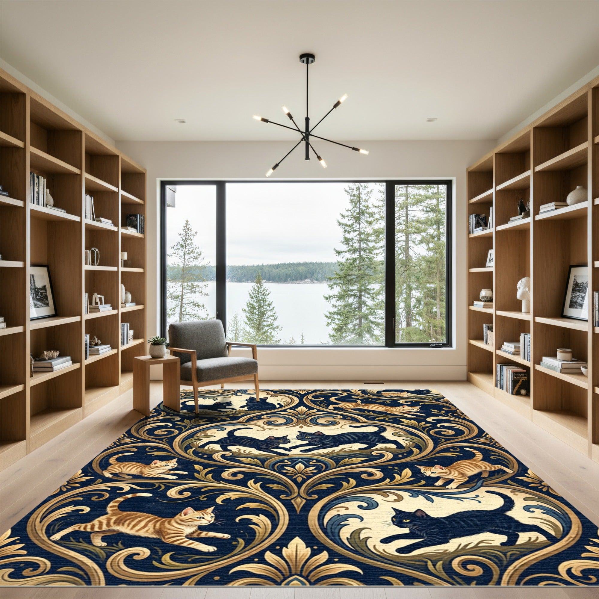 Elegant Navy Damask Cat Medallion Rug