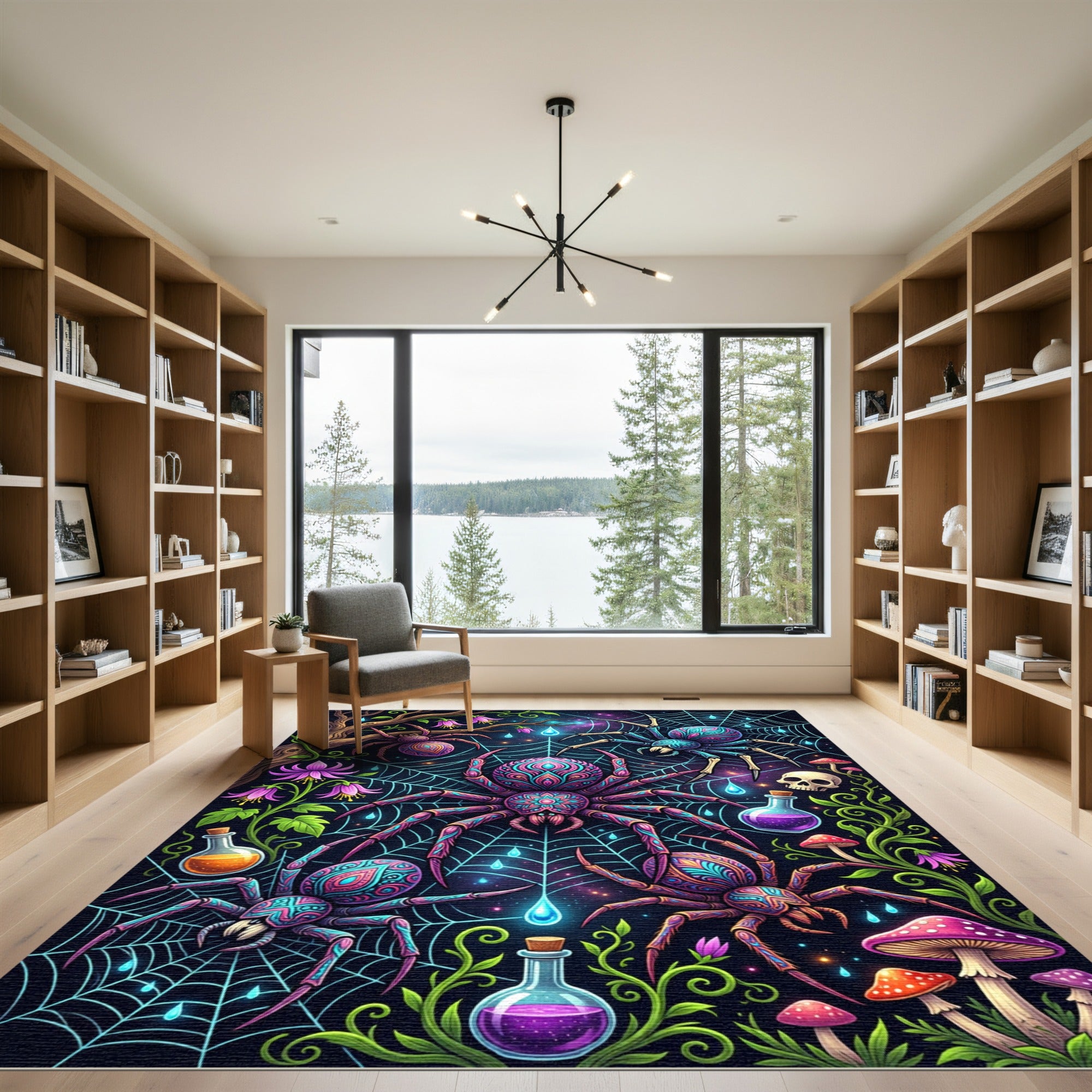Neon Cosmic Spider Web Enchanted Forest Rug