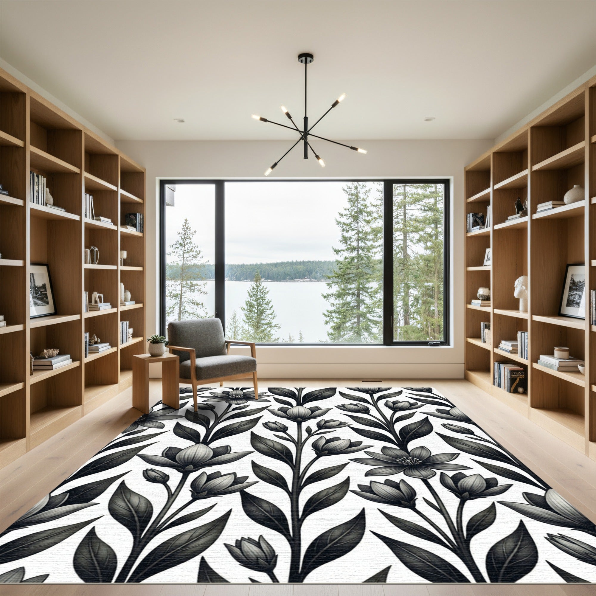 Monochromatic Botanical Floral Grey Rug