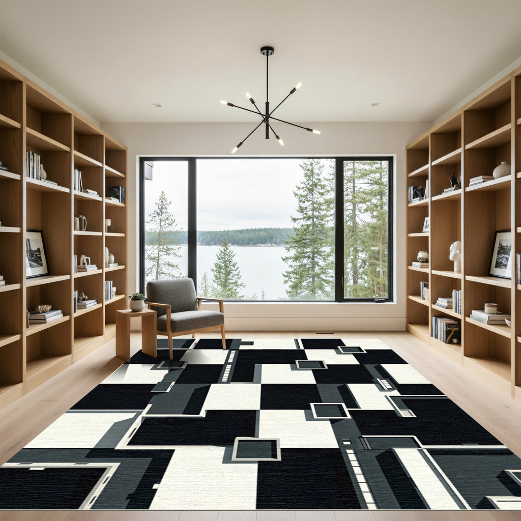 Black White Geometric Architectural Blocks Rug