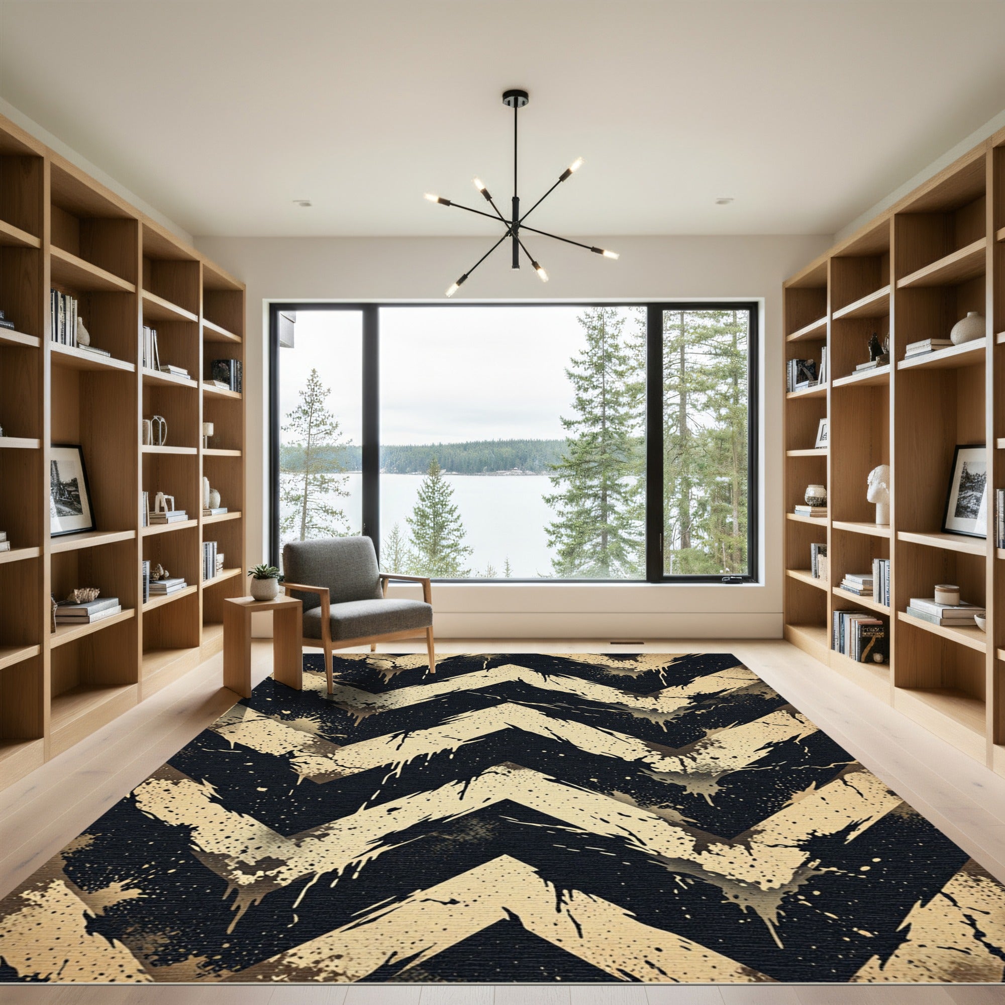 Grunge Black and Gold Chevron Rug