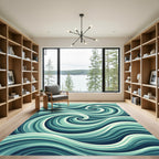 Contemporary Teal Swirling Ocean Wave Rug