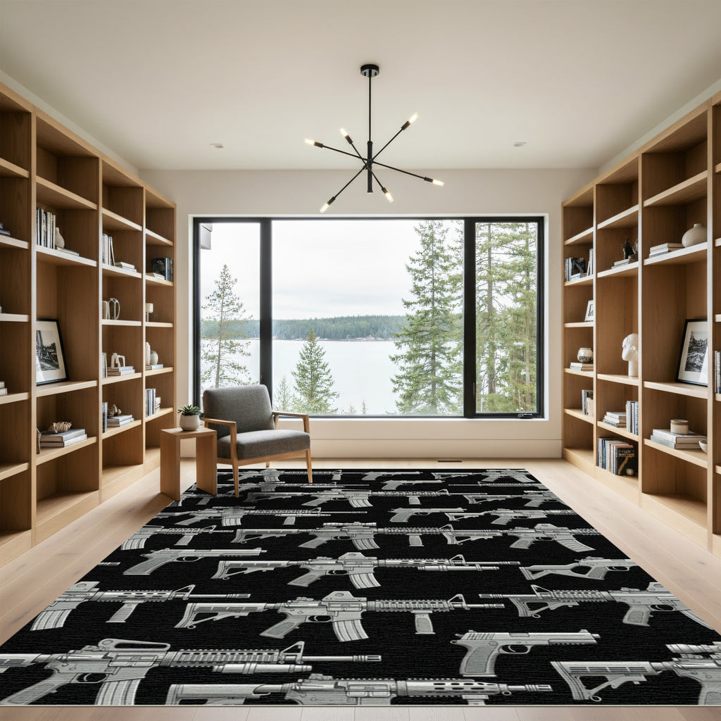 Tactical Monochrome Firearm Silhouette Wallpaper Rug