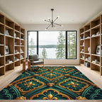 Emerald Gold Gothic Fleur-de-lis Lattice Rug