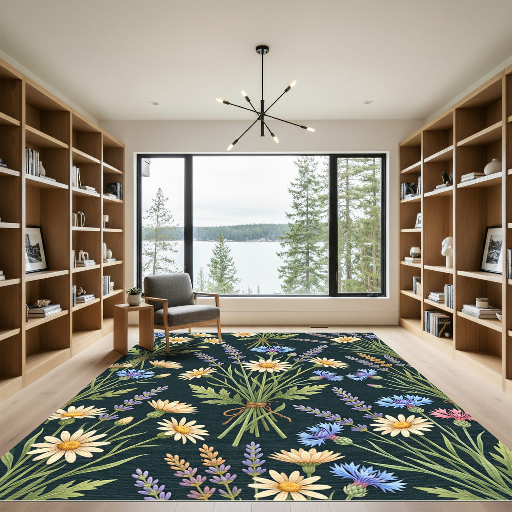 Dark Meadow Chamomile Lavender Cornflower Bouquet Rug