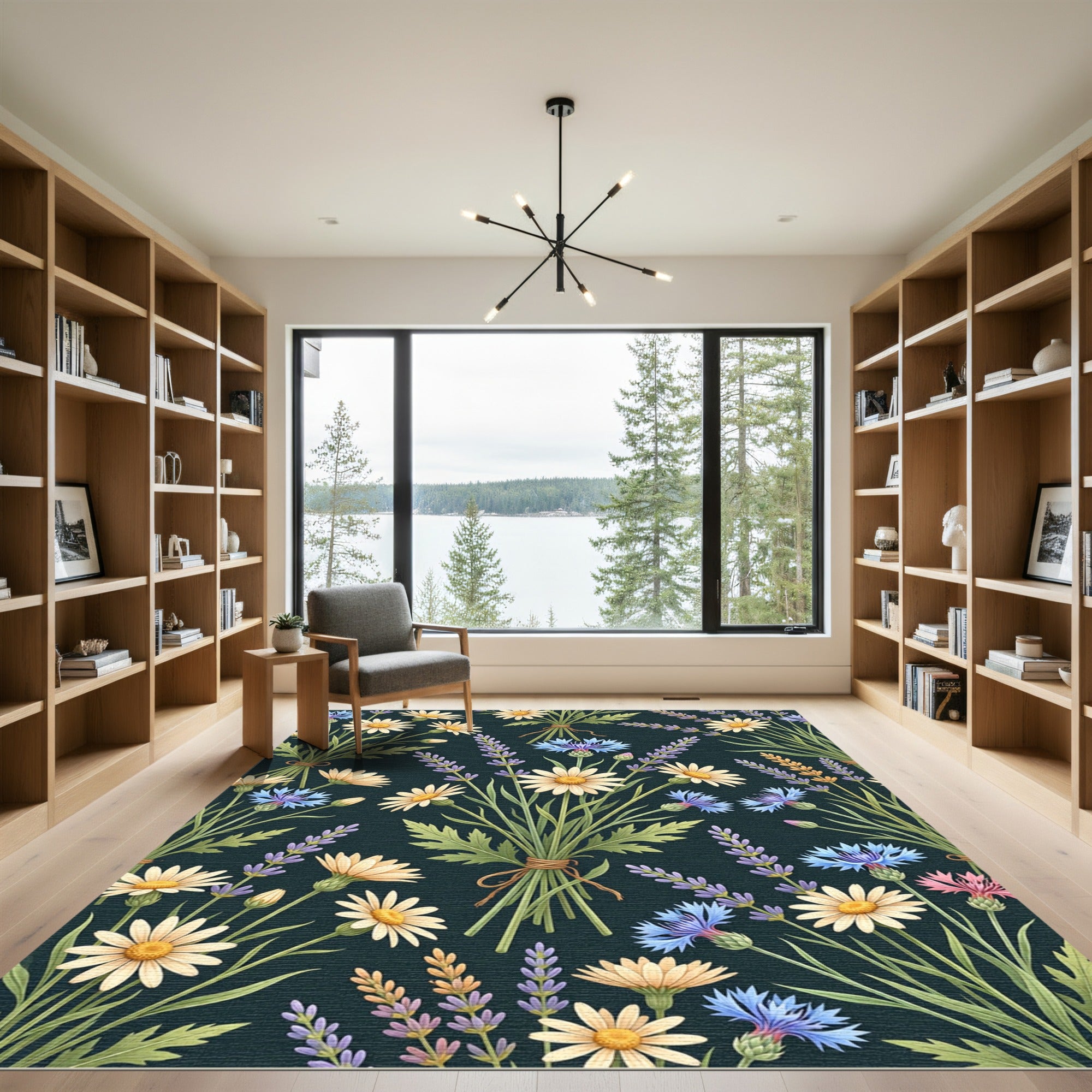 Dark Meadow Chamomile Lavender Cornflower Bouquet Rug