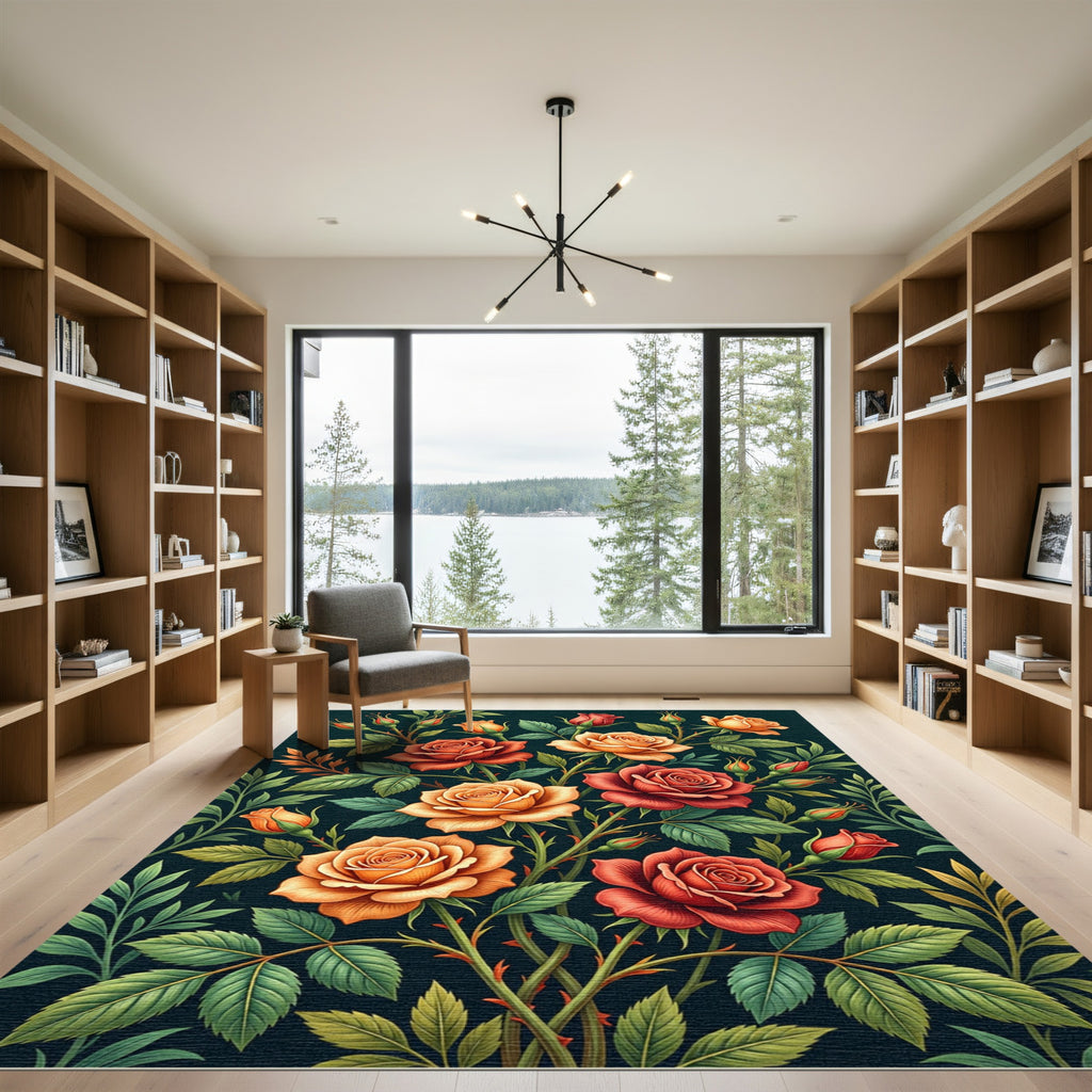 Vintage Crimson Orange Roses Garden Rug