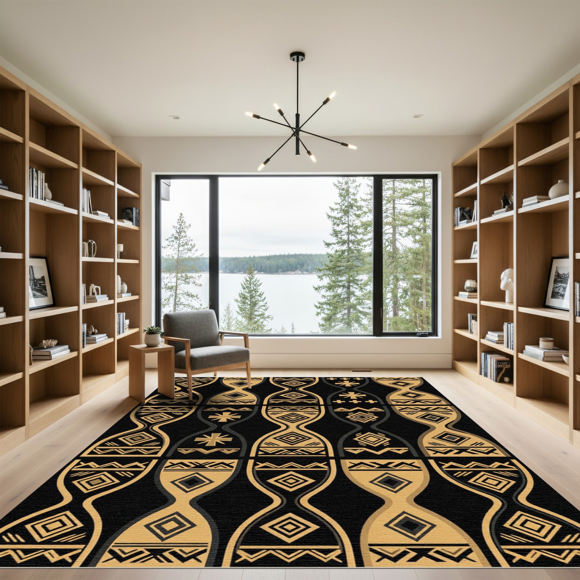 Geometric Tribal Diamond Gold Black Rug