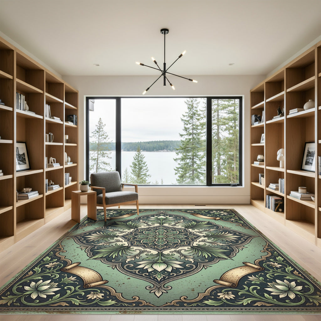 Sage Botanical Filigree Scroll Medallion Rug