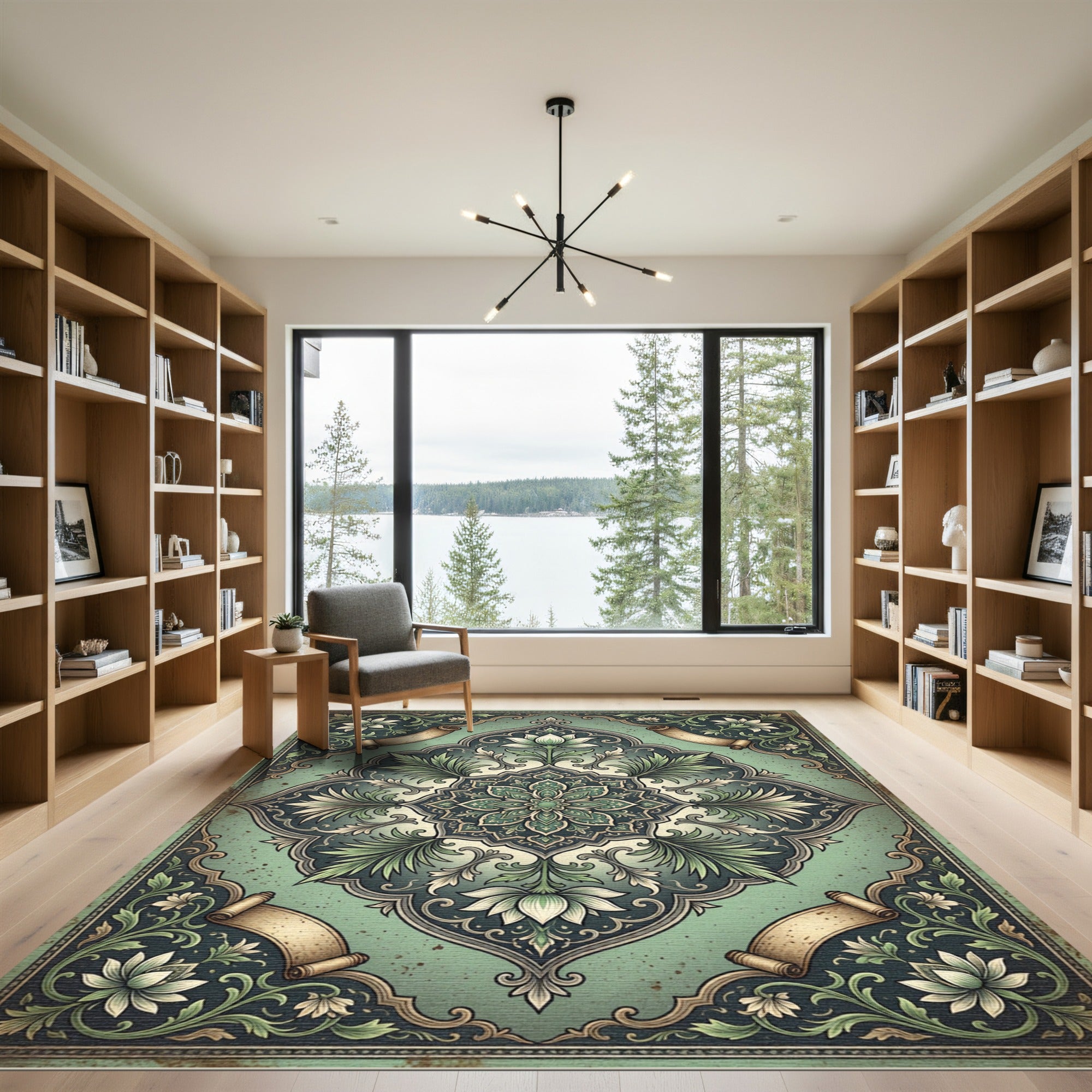 Sage Botanical Filigree Scroll Medallion Rug