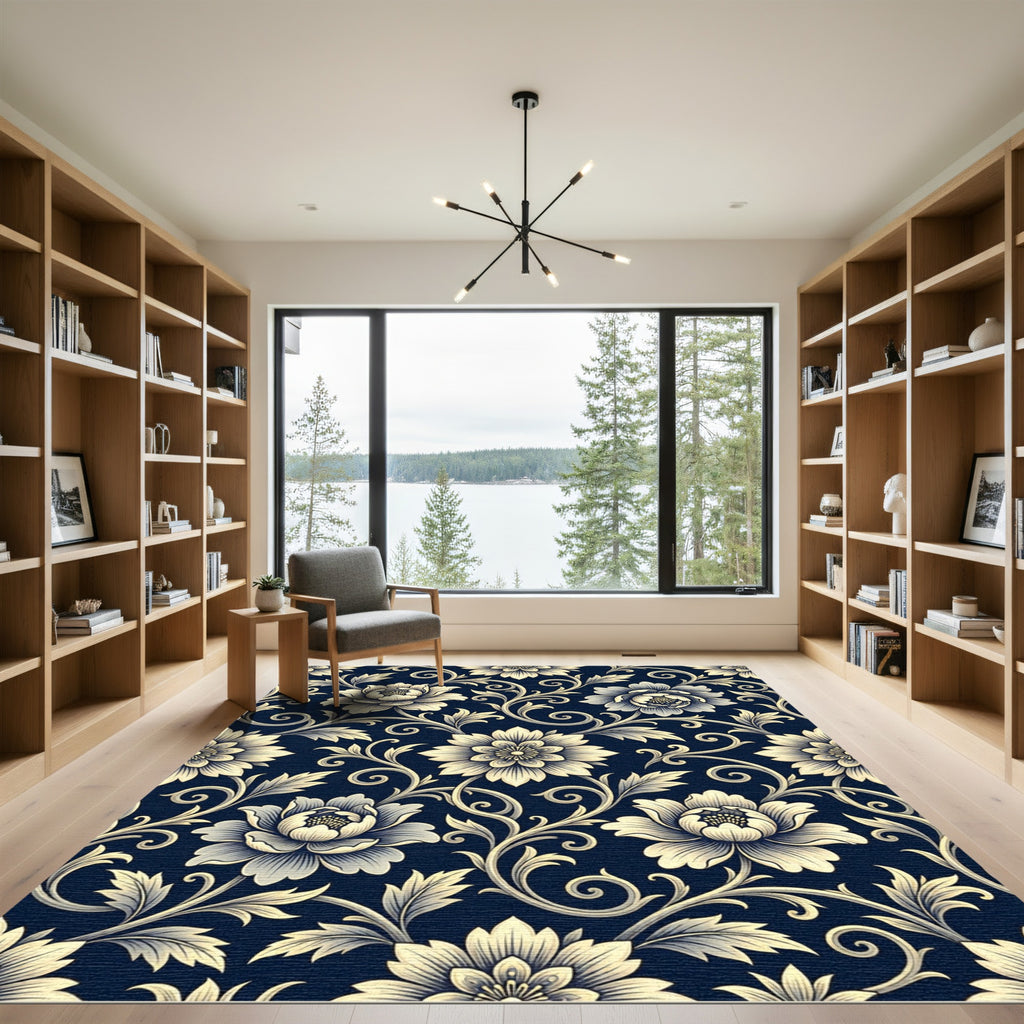Midnight Blue Elegant Floral Scroll Rug
