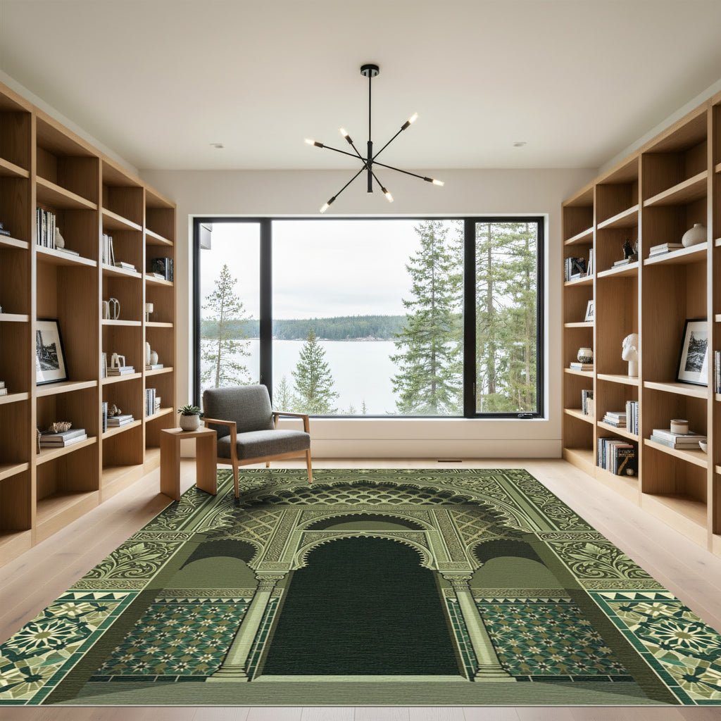 Olive Green Intricate Islamic Arch Rug