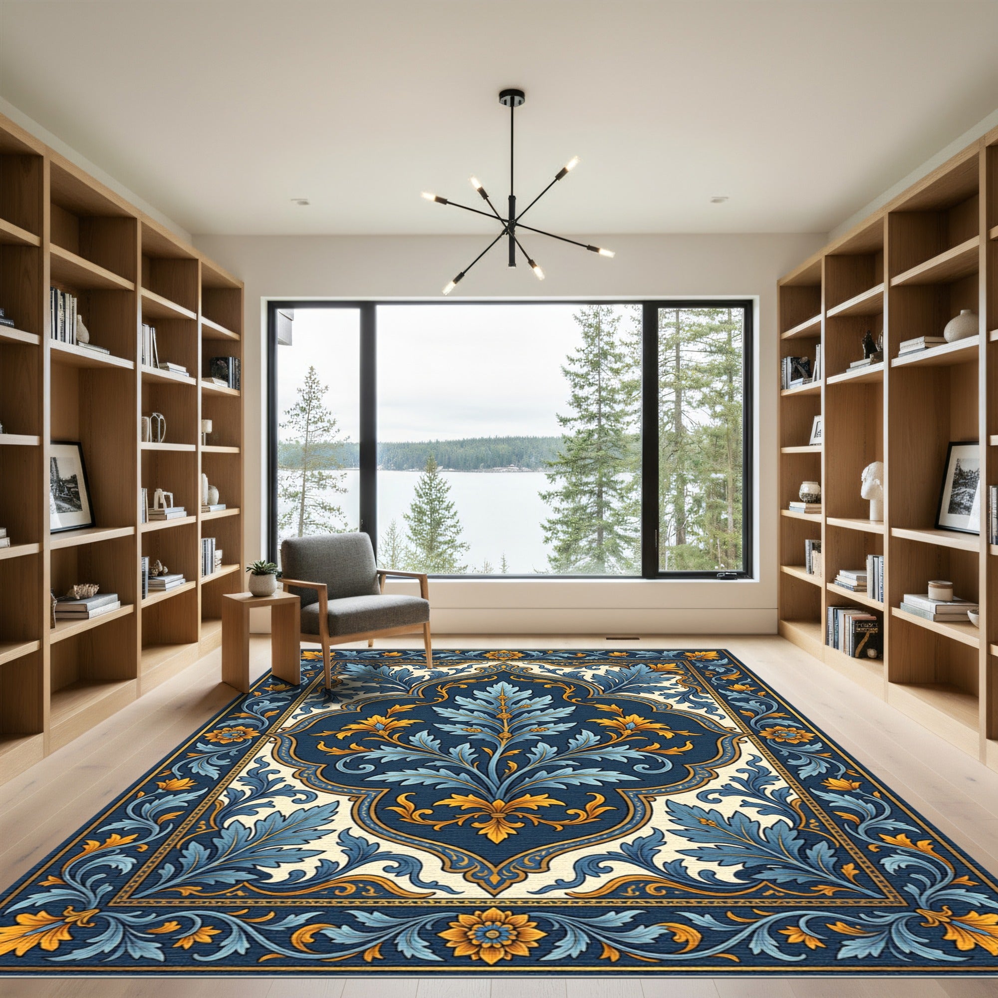 Luxurious Navy Blue Golden Acanthus Scroll Rug