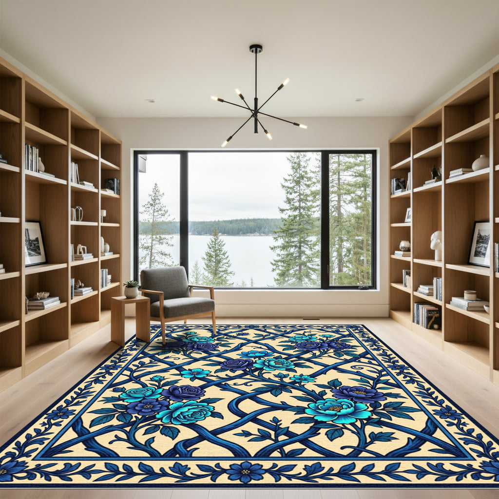 Blue Floral Lattice Botanical Rug
