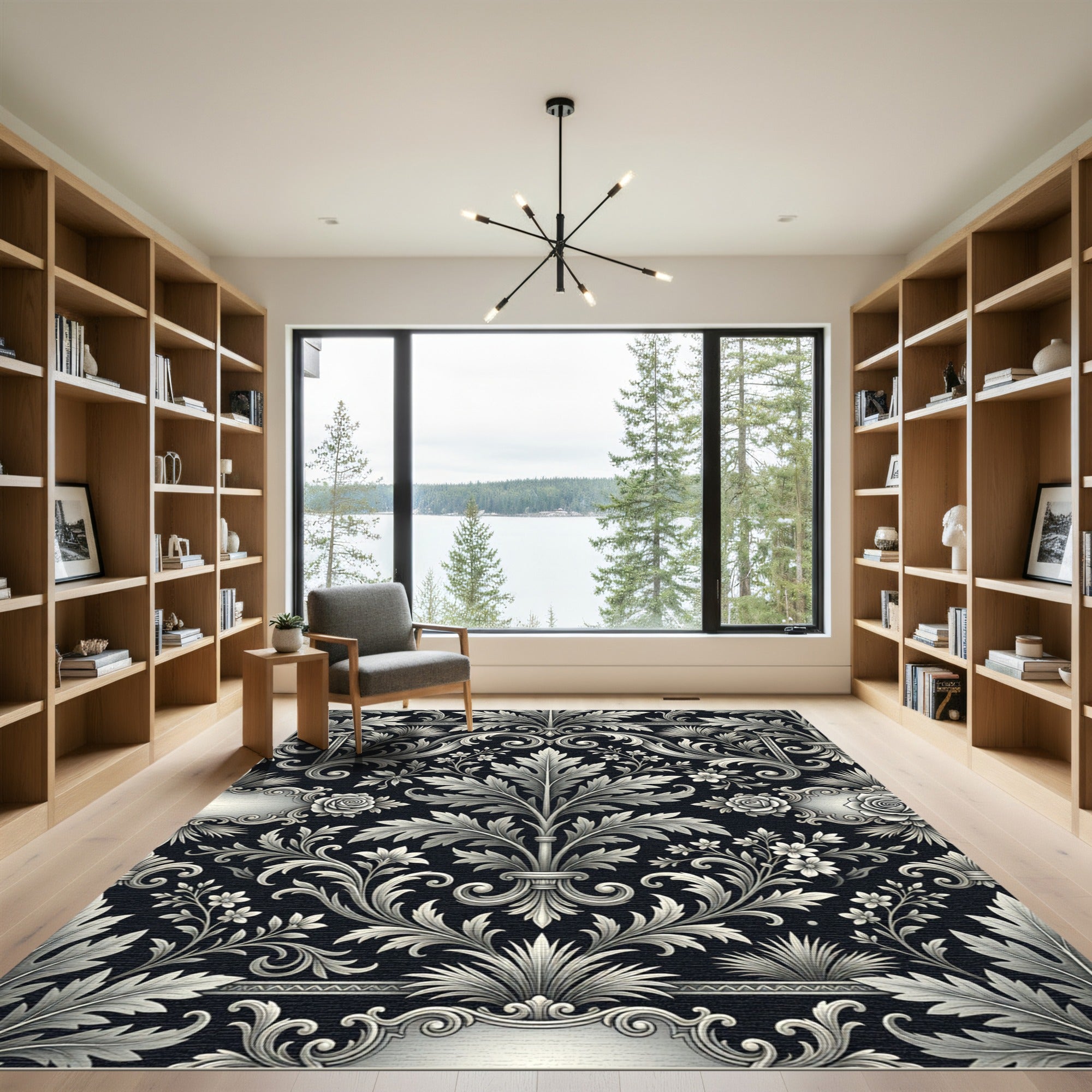 Elegant Black Floral Scrollwork Rug