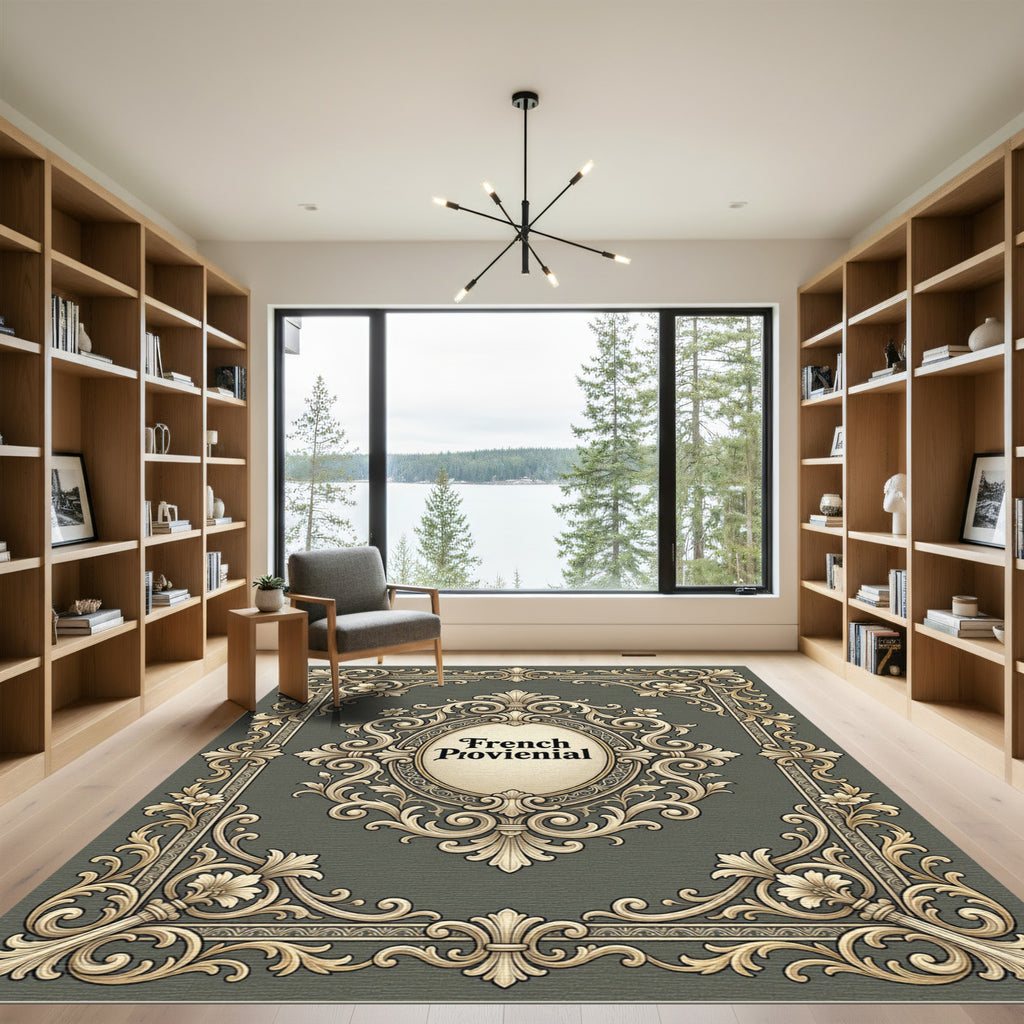 Ornate Golden Floral Scrollwork Frame Rug