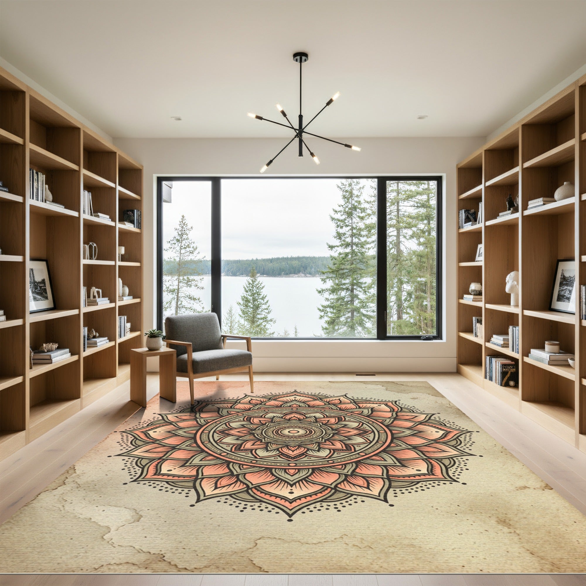 Coral Orange Floral Mandala Rug